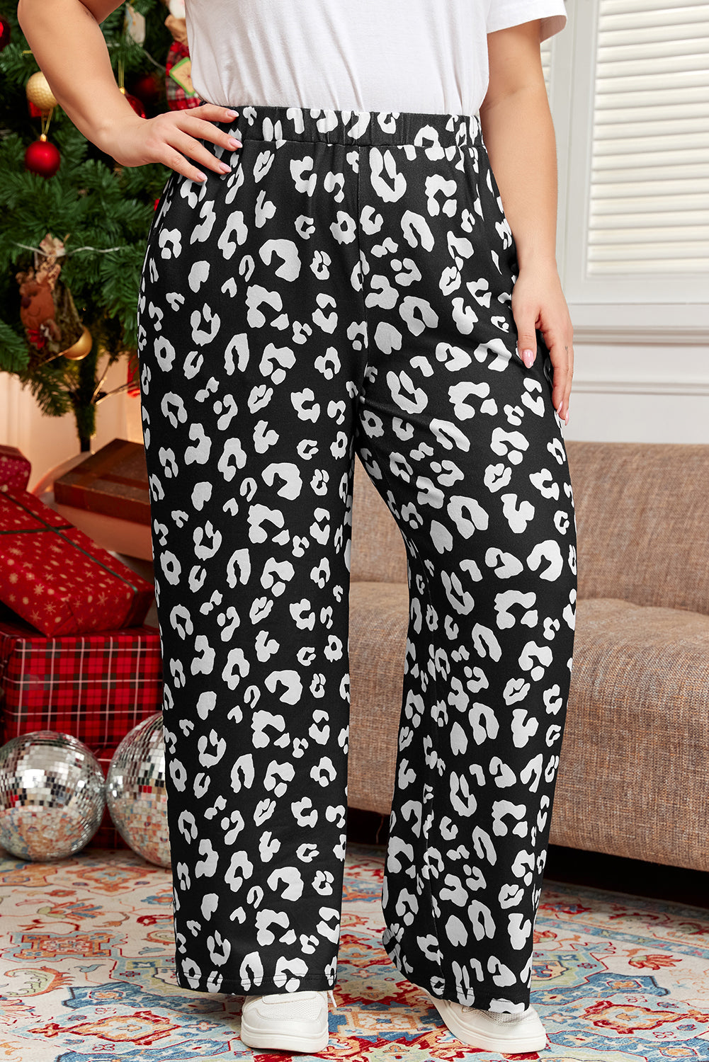 Print Wide Leg Pockets Plus Size Pants | Leopard