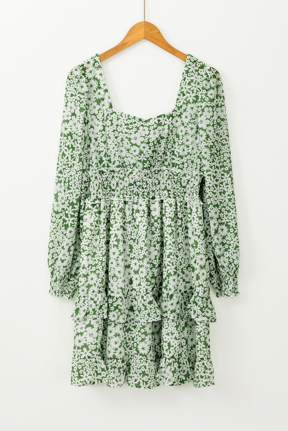 Floral Print Square Neck Shirred Waist Tiered Ruffled Mini Dress | Green