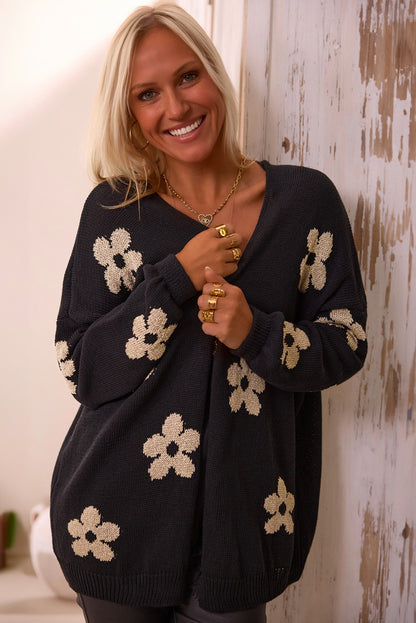 Floral Print Knitted Open Front Loose Cardigan | Black