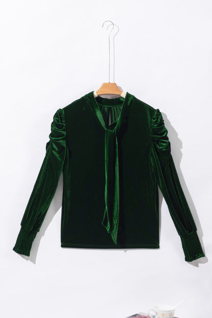 Mock Neck Puff Sleeve Velvet Blouse | Blackish Green