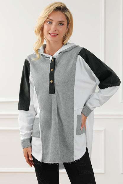 Colour Block Exposed Seam Buttoned Neckline Hoodie | Gray