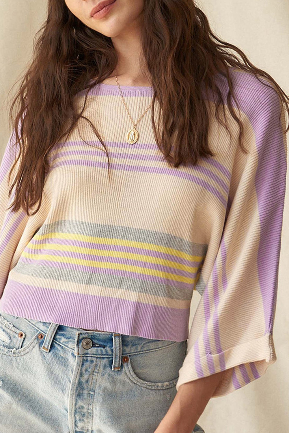 Purple Stripe Borderline Rib Knit Cuffed Dolman Sleeve Sweater