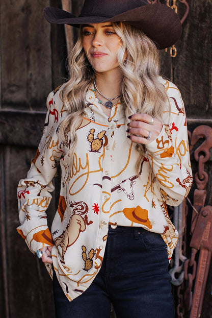 Howdy Western Patterns Button Up Loose Shirt | Beige