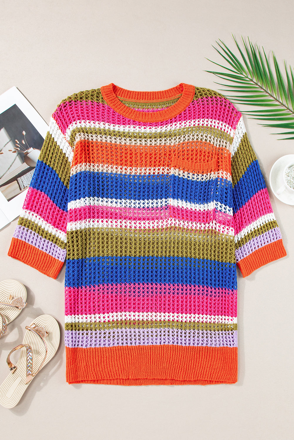 Colourblock Hollowed Crochet 3/4 Sleeve Sweater | Orange Stripe