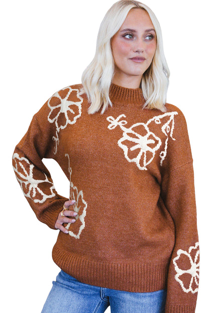 Floral Print Ribbed Trim Knitted Sweater | Chestnut