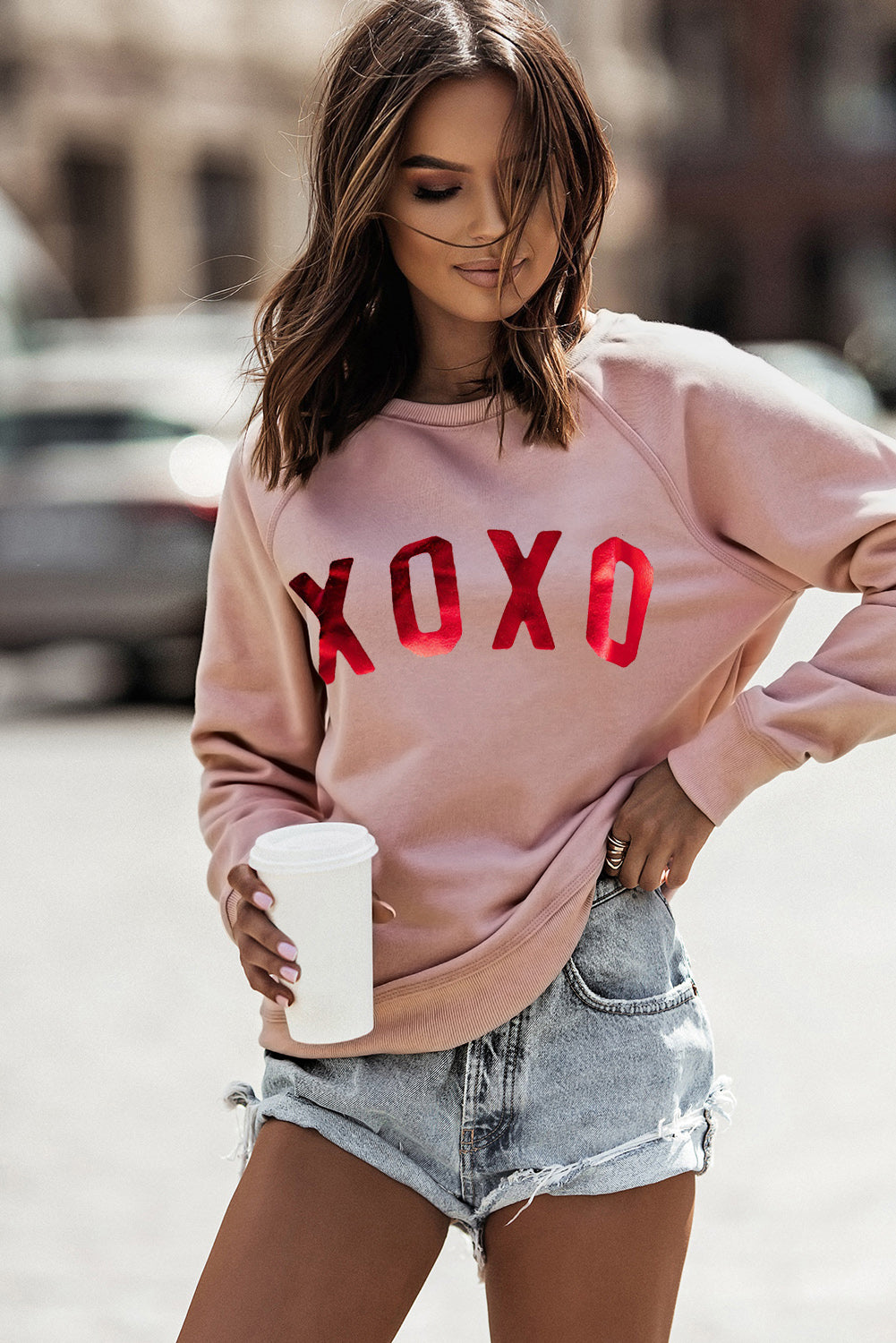 Xoxo Glitter Pattern Print Graphic Sweatshirt | Pink