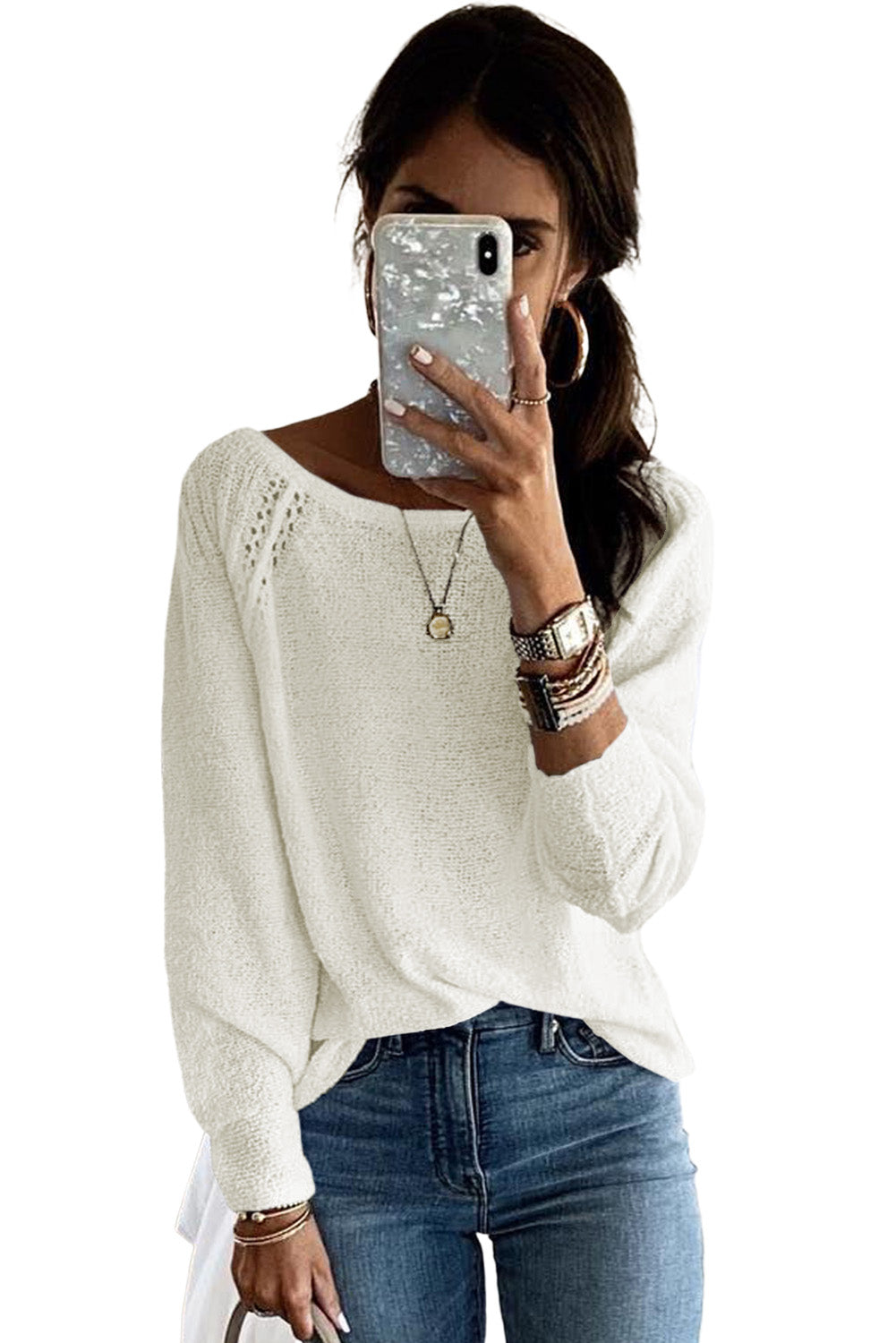 Long Sleeve Cutout Shoulder Relaxed Sweater | White