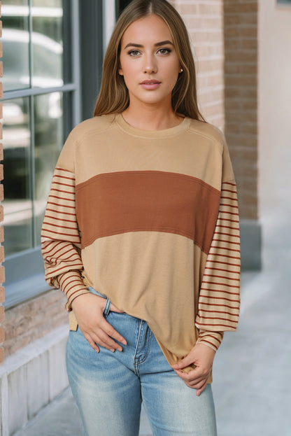 Light French Beige Colourblock Striped Bishop Sleeve Top | Flaxen