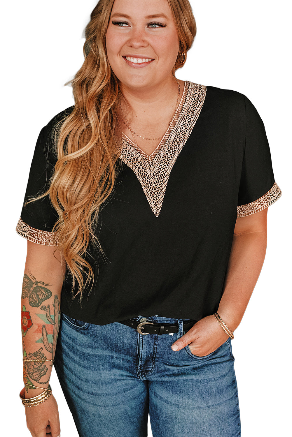 Lace Trim Short Sleeve V Neck Plus Size Top | Black