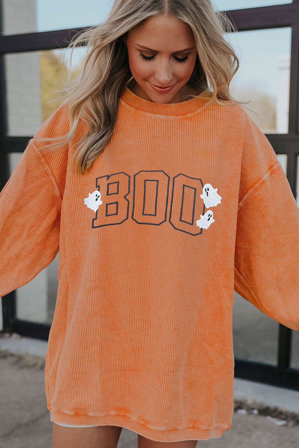 Embroidered Boo Ghost Corded Halloween Sweatshirt | Orange