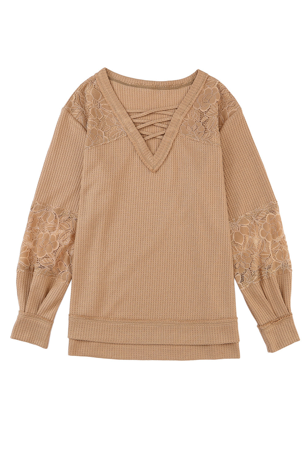 Lace Waffle Patchwork Strappy V Neck Long Sleeve Top | Apricot