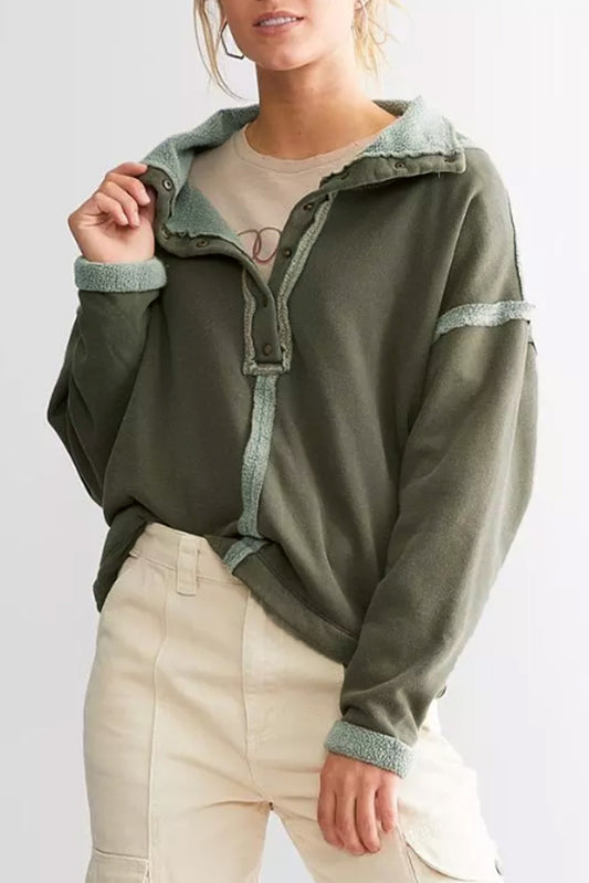 Green Fleece Exposed Seam Buttoned Neckline Sweatshirt