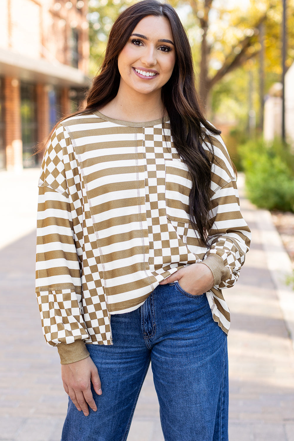 Checkerboard Striped Patchwork Lantern Sleeve Pocketed Blouse | Khaki