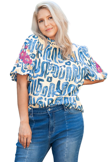 Plus Size Abstract Print Floral Embroidered Puff Sleeve Blouse | Sky Blue Stripe