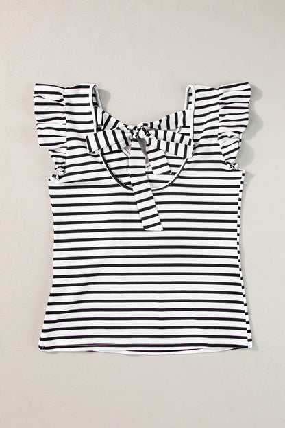 Butterfly Sleeve V Neck Hollowed Knot Back T Shirt | White Stripe