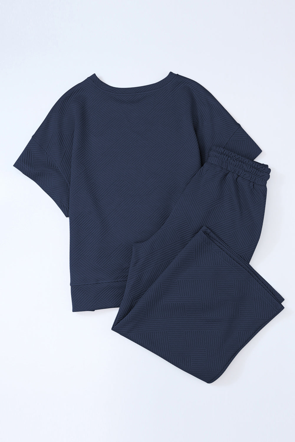 Textured Loose Fit T Shirt And Drawstring Pants Set | Navy Blue