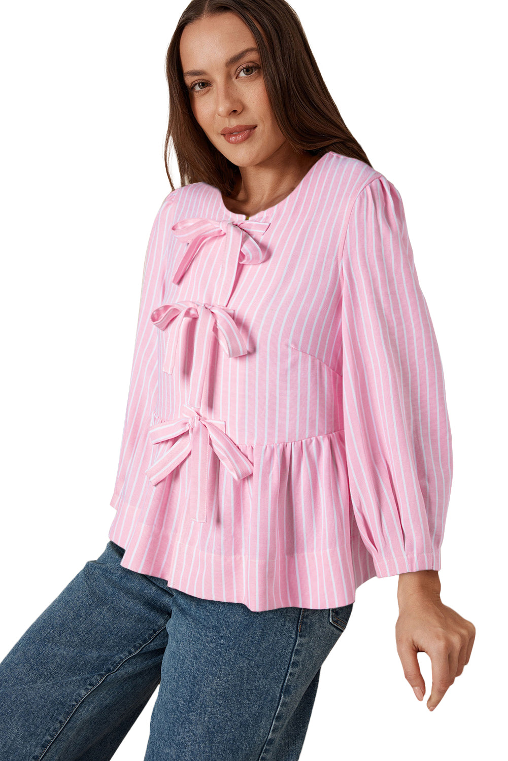 Bowknot Front Crew Neck Puff Sleeve Blouse | Pink Stripe