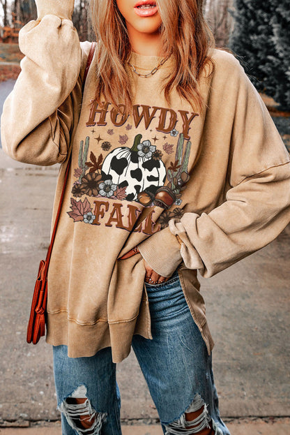 Howdy Fall Pumpkin Print Split Hem Sweatshirt | Khaki