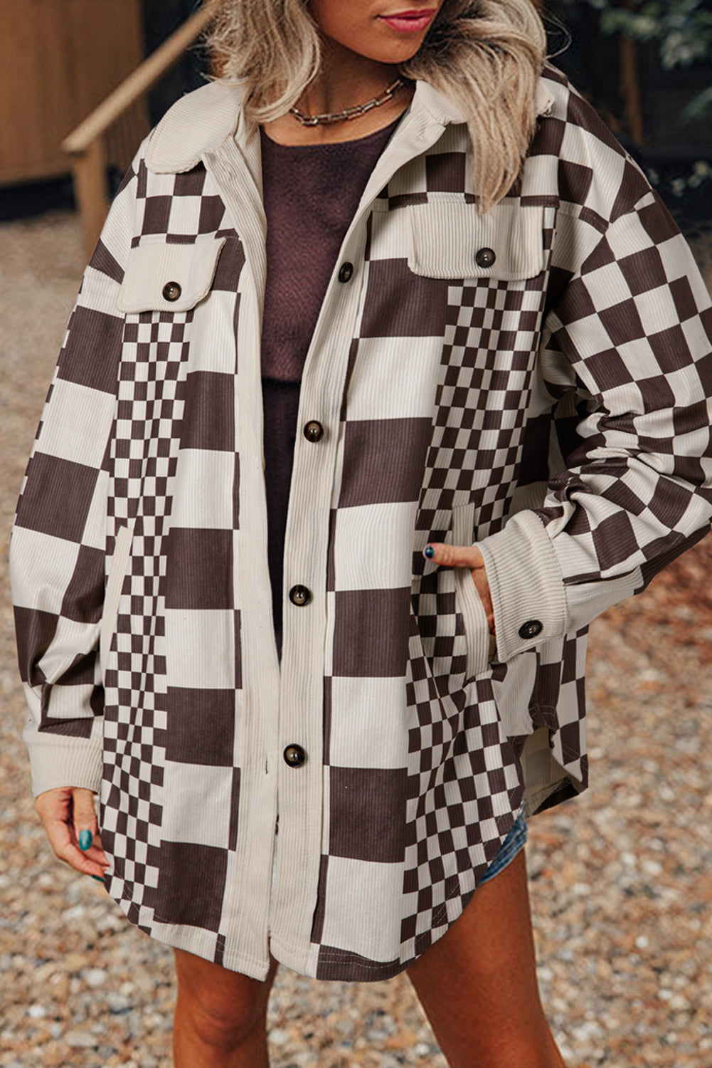 Checkered Print Patchwork Corduroy Shacket | Brown