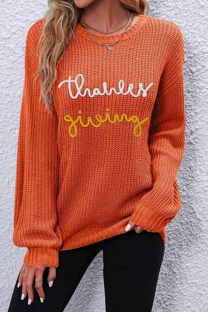 Thanks Giving Letter Graphic Crew Neck Sweater | Gold Flame