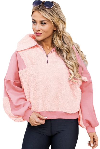 Exposed Seam Fuzzy Patchwork Zip Neck Sweatshirt | Pink