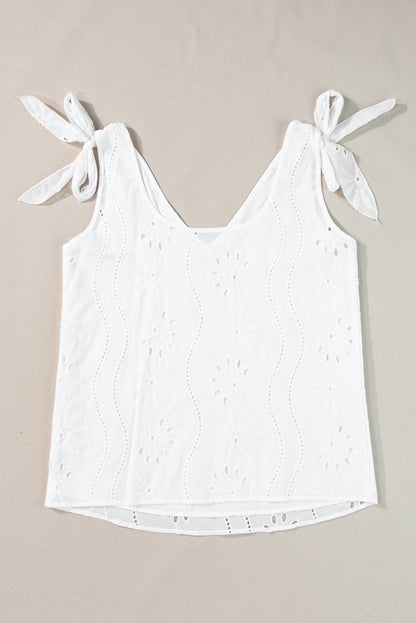 Embroidery Patterned Knotted Straps V Neck Tank Top | White