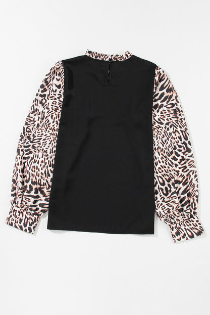 Contrast Leopard Print Lantern Sleeve Blouse | Black