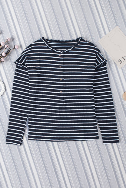 Striped Print Ruffled Buttoned Long Sleeve Top | Black