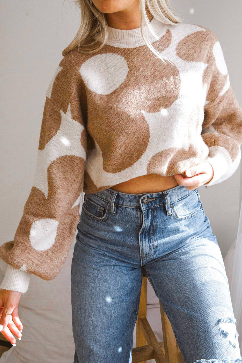 Big Flower Pattern Drop Shoulder Sweater | Khaki