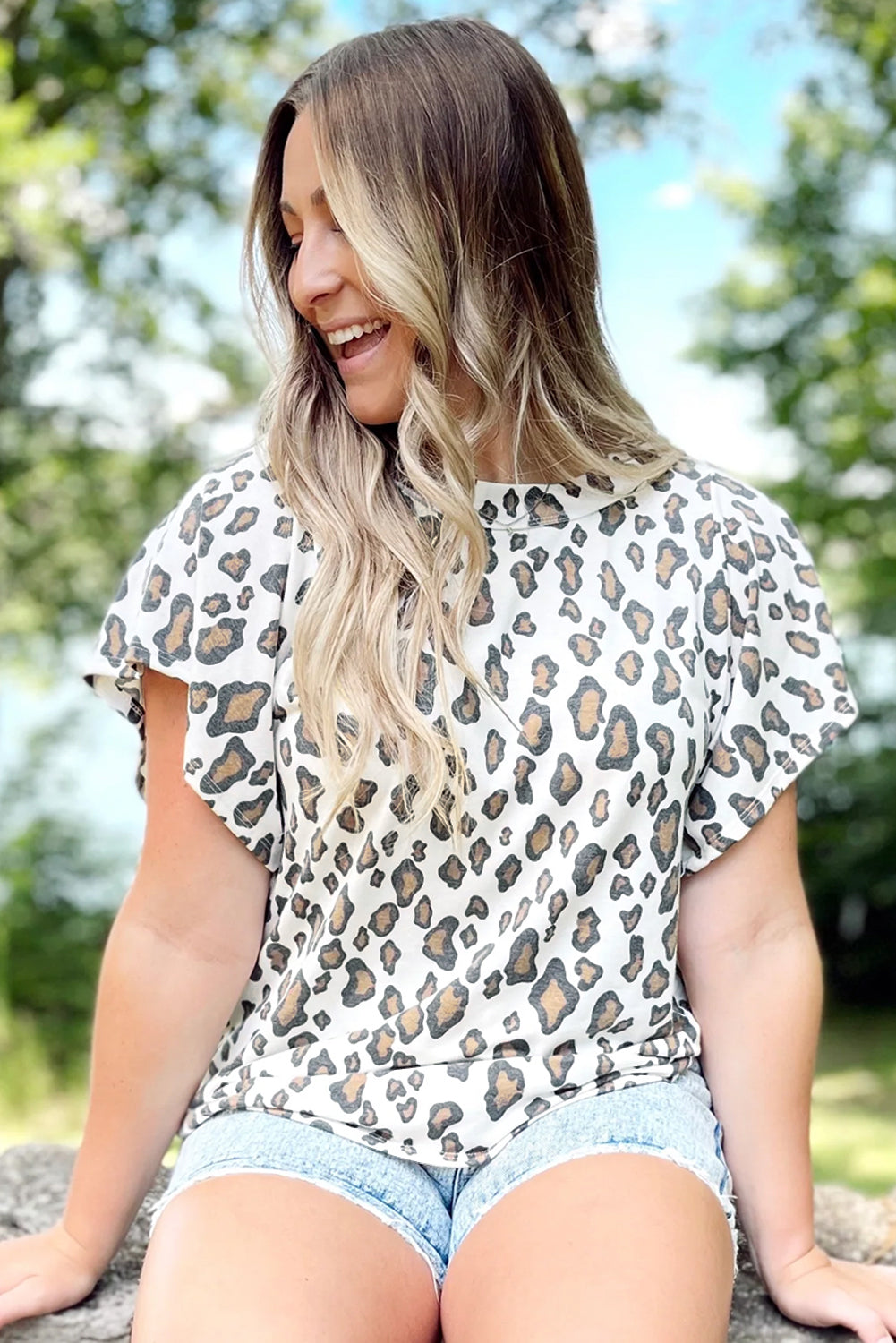 Butterfly Sleeve Leopard Print Top | White