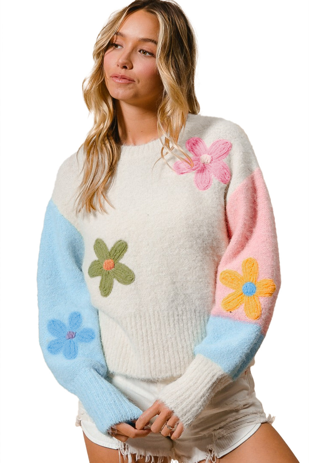 Floral Embroidered Colourblock Fuzzy Drop Shoulder Sweater | Multicolour