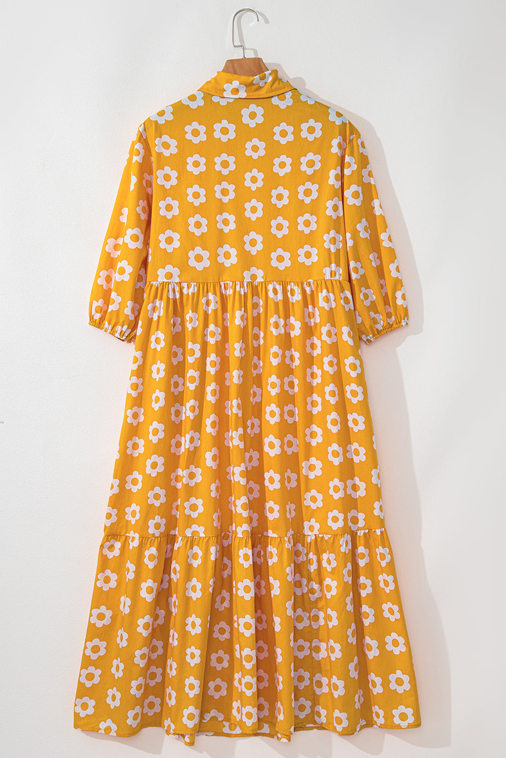 Flower Print Bracelet Sleeve Buttons Collared Maxi Dress | Yellow