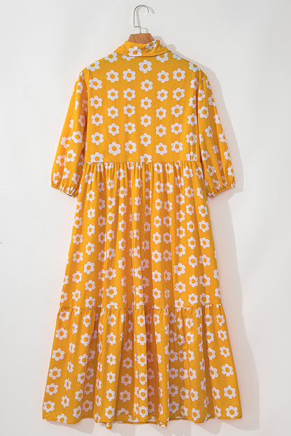 Flower Print Bracelet Sleeve Buttons Collared Maxi Dress | Yellow