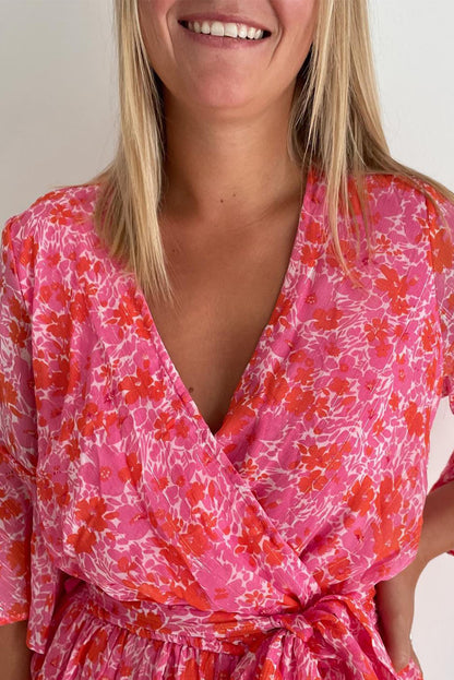 V Neck Ruffled Sleeve Floral Romper | Pink