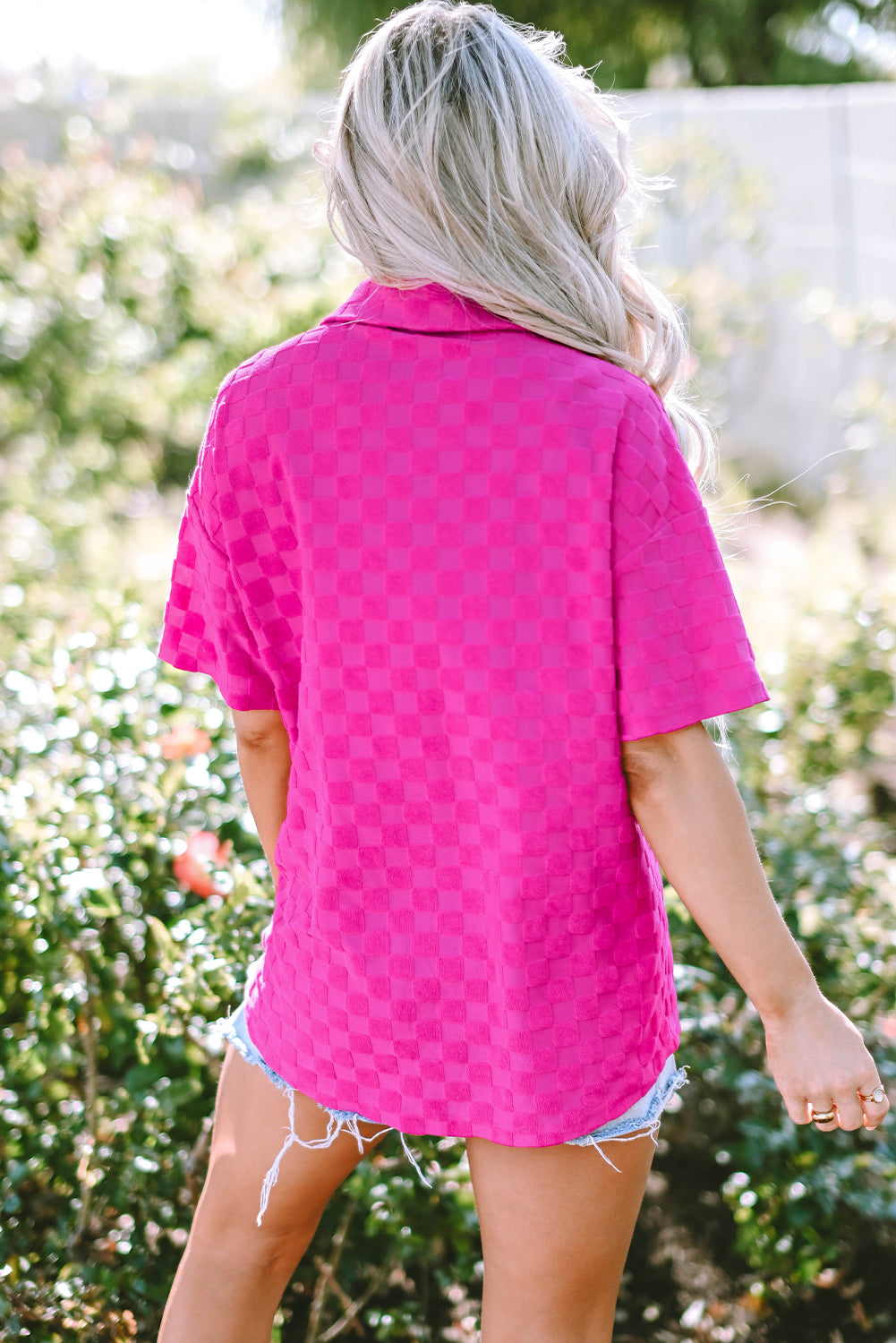 Lapel Neck Checkered Textured Short Sleeve Shirt | Bright Pink