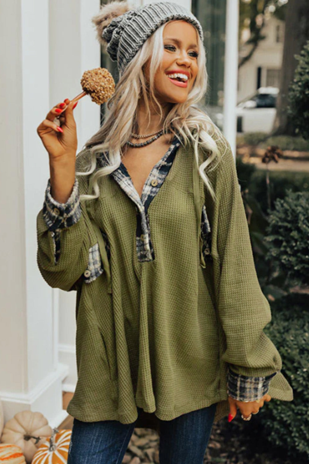 Flowy Plaid Accent Waffle Knit Henley Hoodie | Green