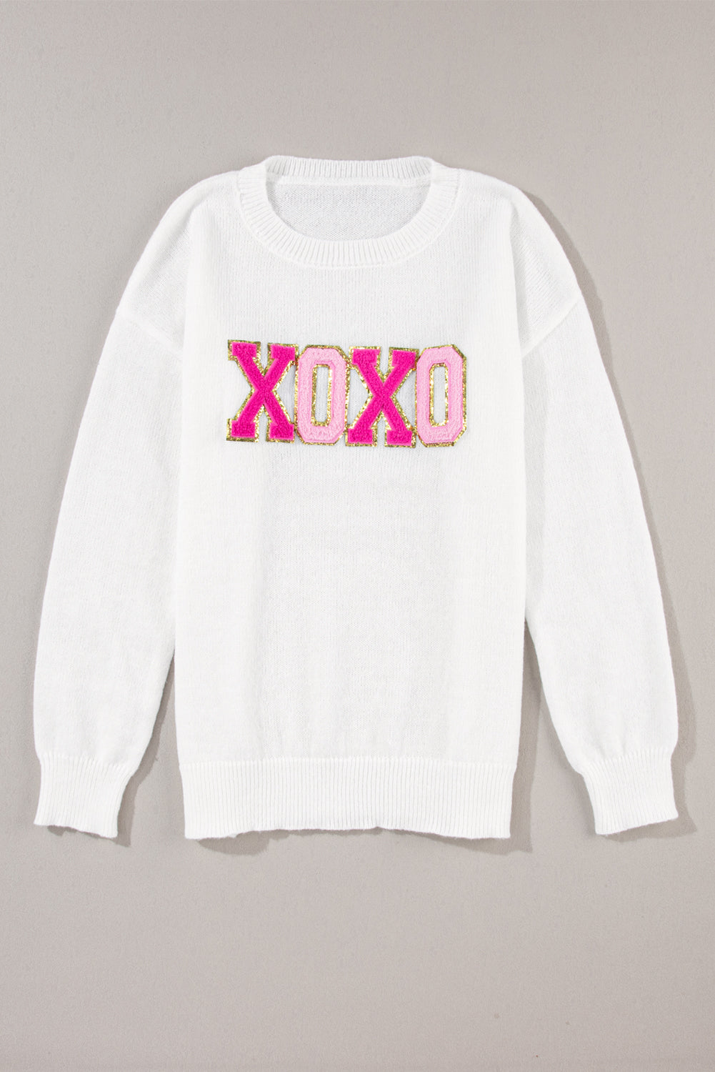 Xoxo Glitter Print Round Neck Casual Sweater | White