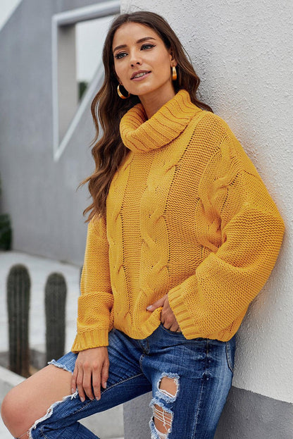 Cuddle Weather Cable Knit Handmade Turtleneck Sweater | Yellow