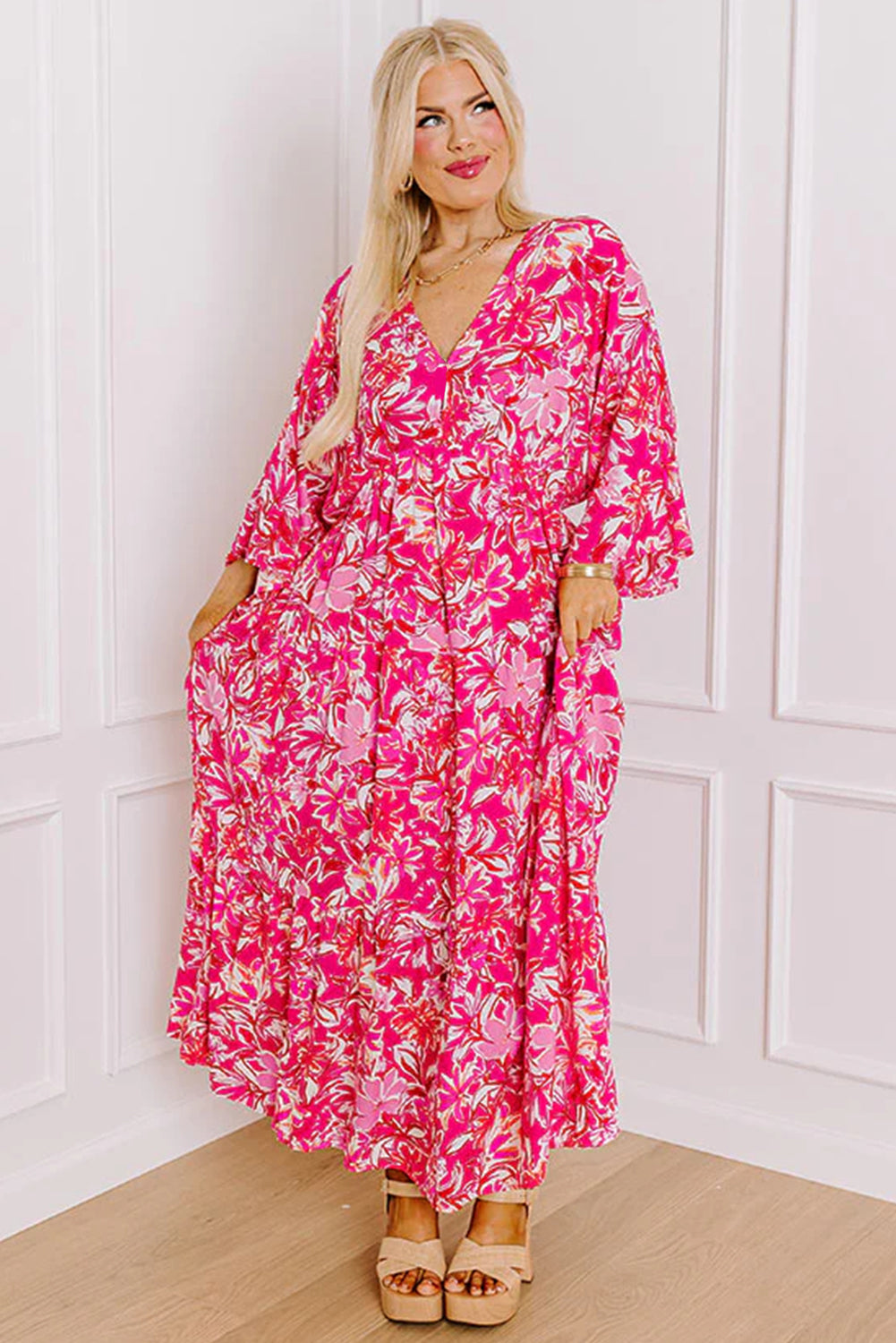 Plus Size Floral V Neck Wide Sleeve Maxi Dress | Rose