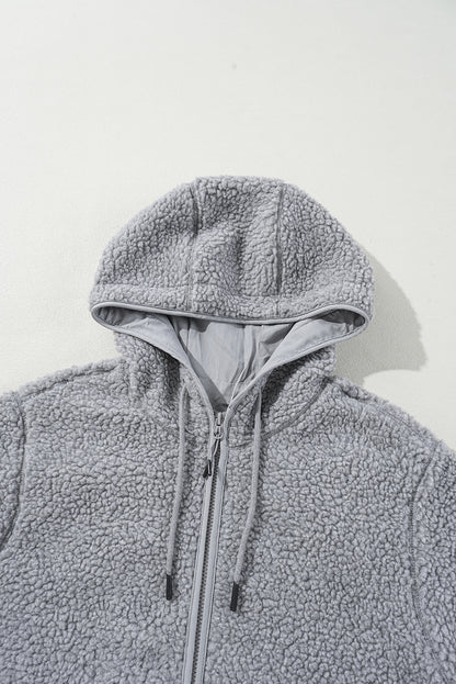 Fleece Zip Up Drawstring Hooded Pocketed Jacket | Medium Grey