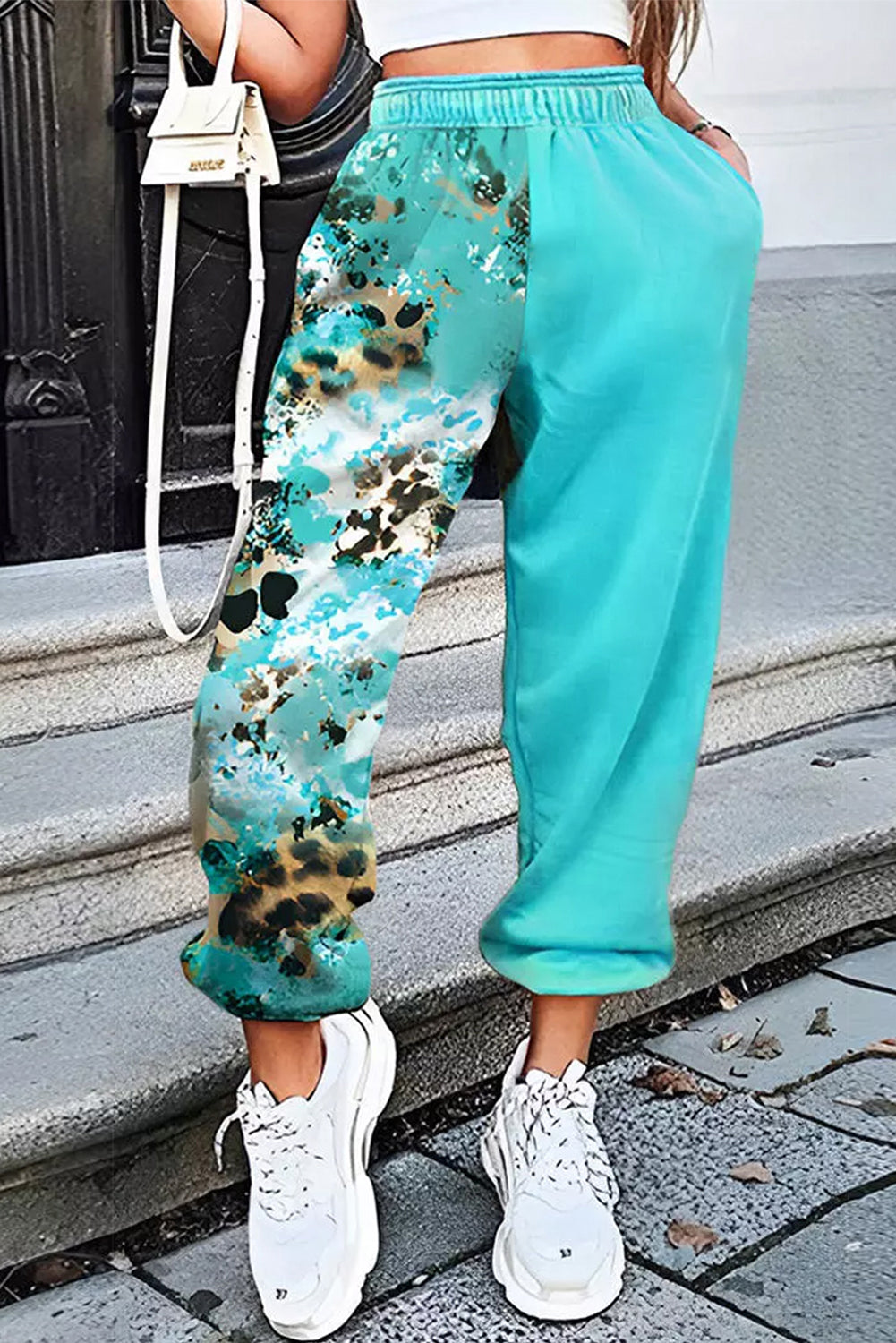 Light Blue Contrast Leopard Tie-dye Print Jogger Pants