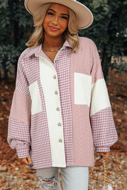 Houndstooth Colour Contrast Textured Patchwork Loose Shacket | Pink