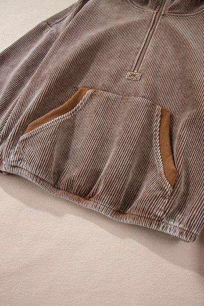 Half Zipper Kangaroo Pocket Drawstring Corduroy Hoodie | Chestnut