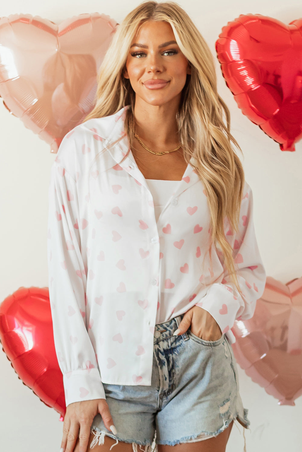 Love Heart Print Drop Shoulder Puff Sleeve Shirt | White