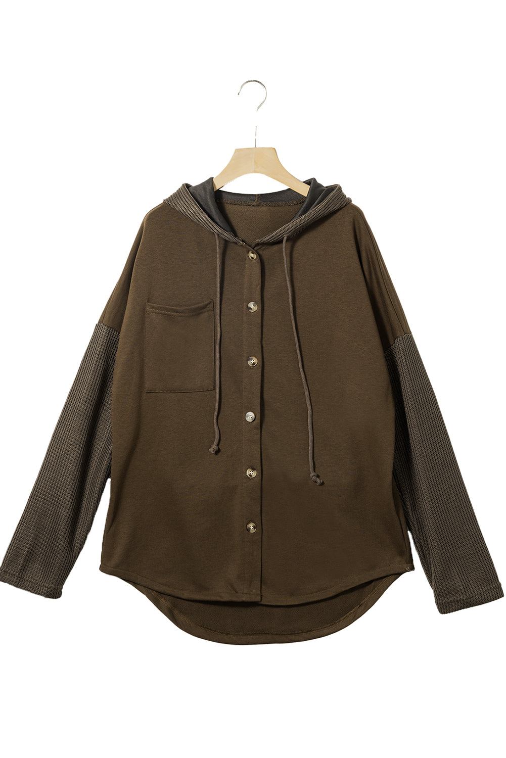 Button Up Contrast Knitted Sleeves Hooded Jacket | Dark Brown