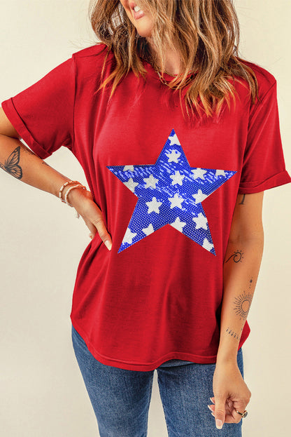 Sequin Star Graphic Crewneck T Shirt | Red