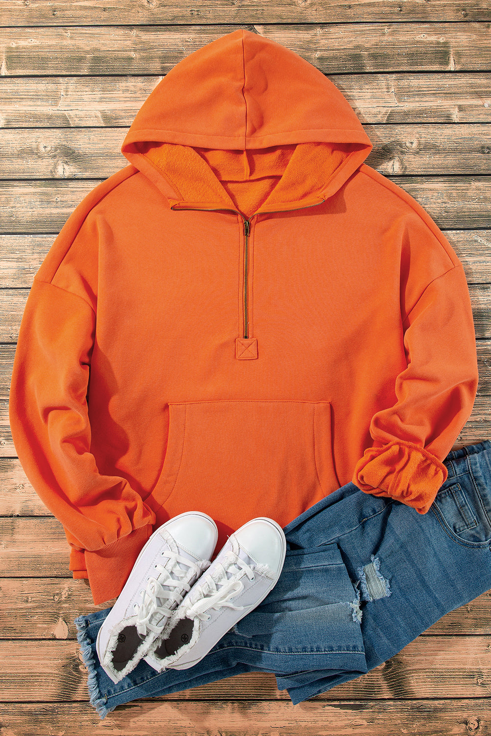 Fleece Lined Half Zipper Kangaroo Pockets Loose Hoodie | Orange