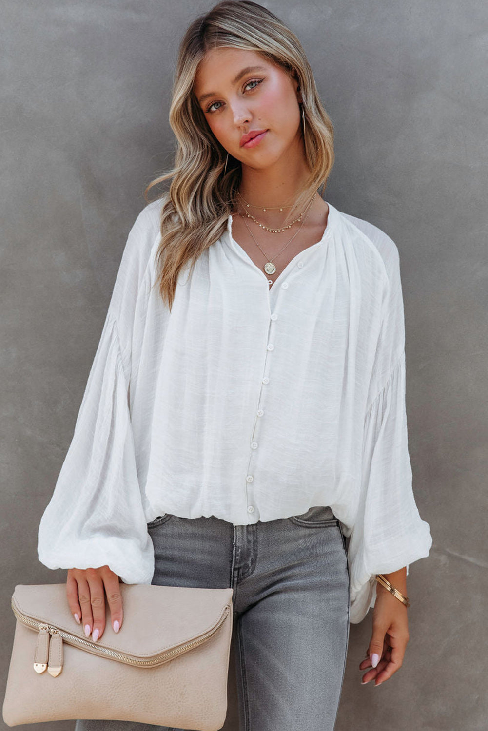 Solid Colour V Neck Balloon Sleeve Shirt | White