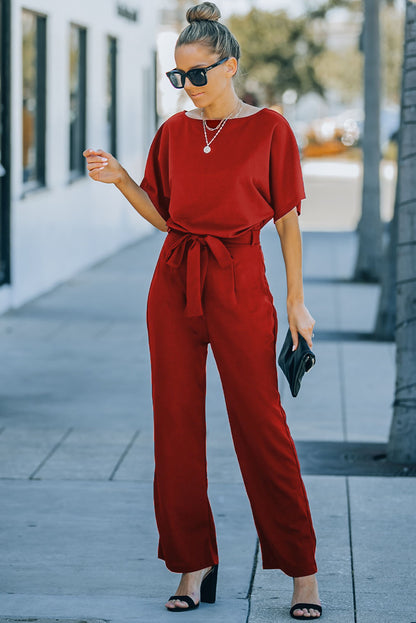 Fiery  Belted Wide Leg Jumpsuit | Red