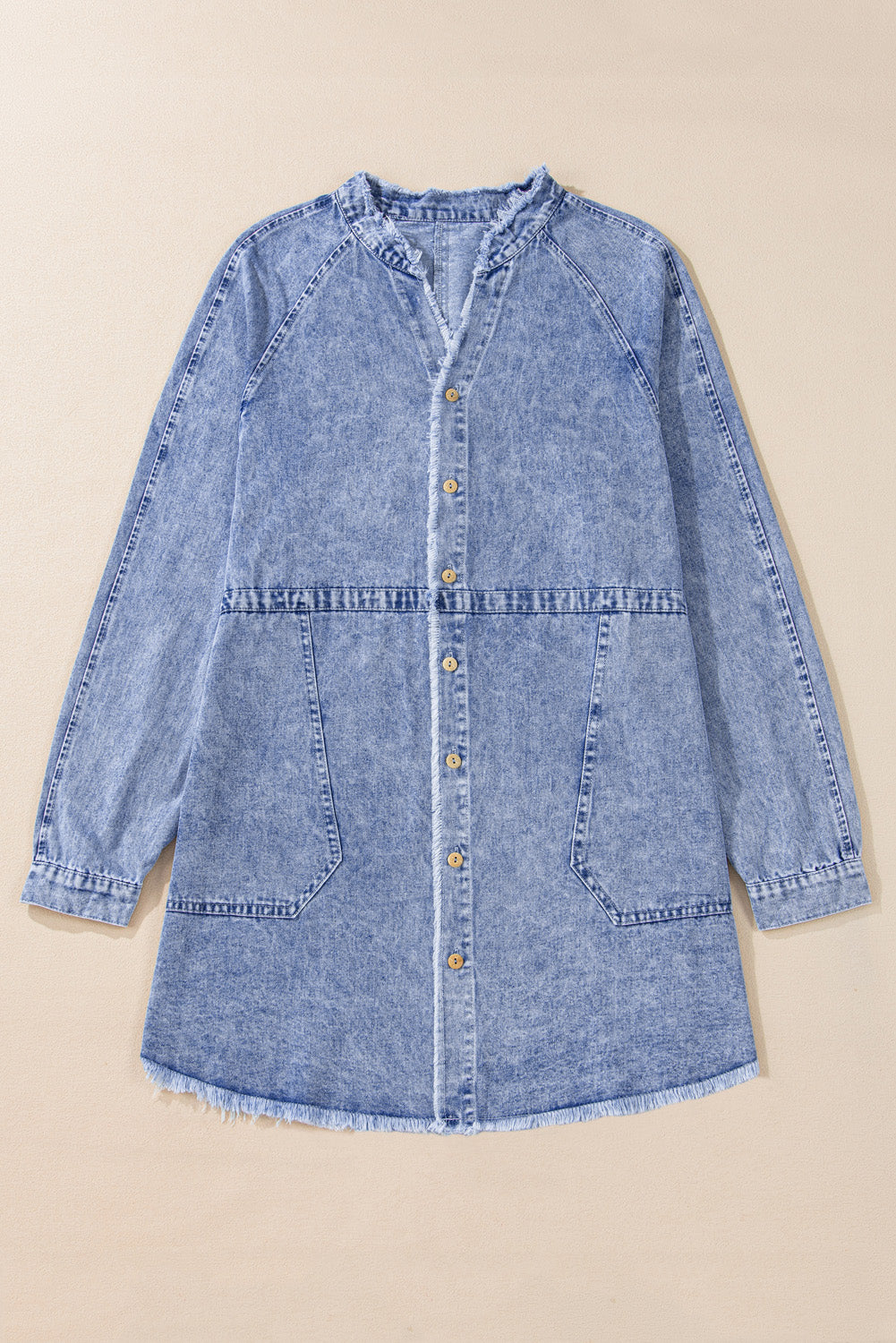 Mineral Wash Long Sleeve Button Up Raw Hem Pocketed Denim Dress | Beau Blue